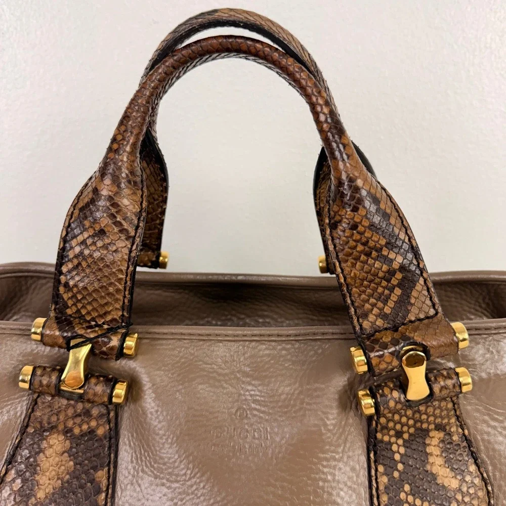 Gucci Satchel Hand Bag Taupe Brown Leather Snakeskin Trim Gold Hardware M Office
